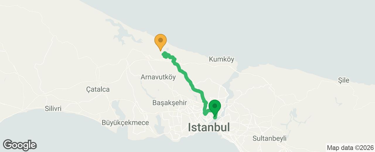 A driving route across Istanbul from the airport to Beşiktaş, drawn on a map.